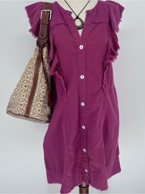 Anthropologie Magenta Button-Front Mini Dress Boho Babydoll Cottagecore
